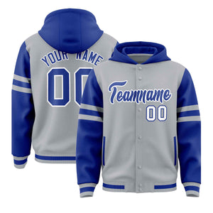 Custom Silver Royal Raglan Sleeves Varsity Full-Snap Letterman Three Stripes Hoodie Jacket