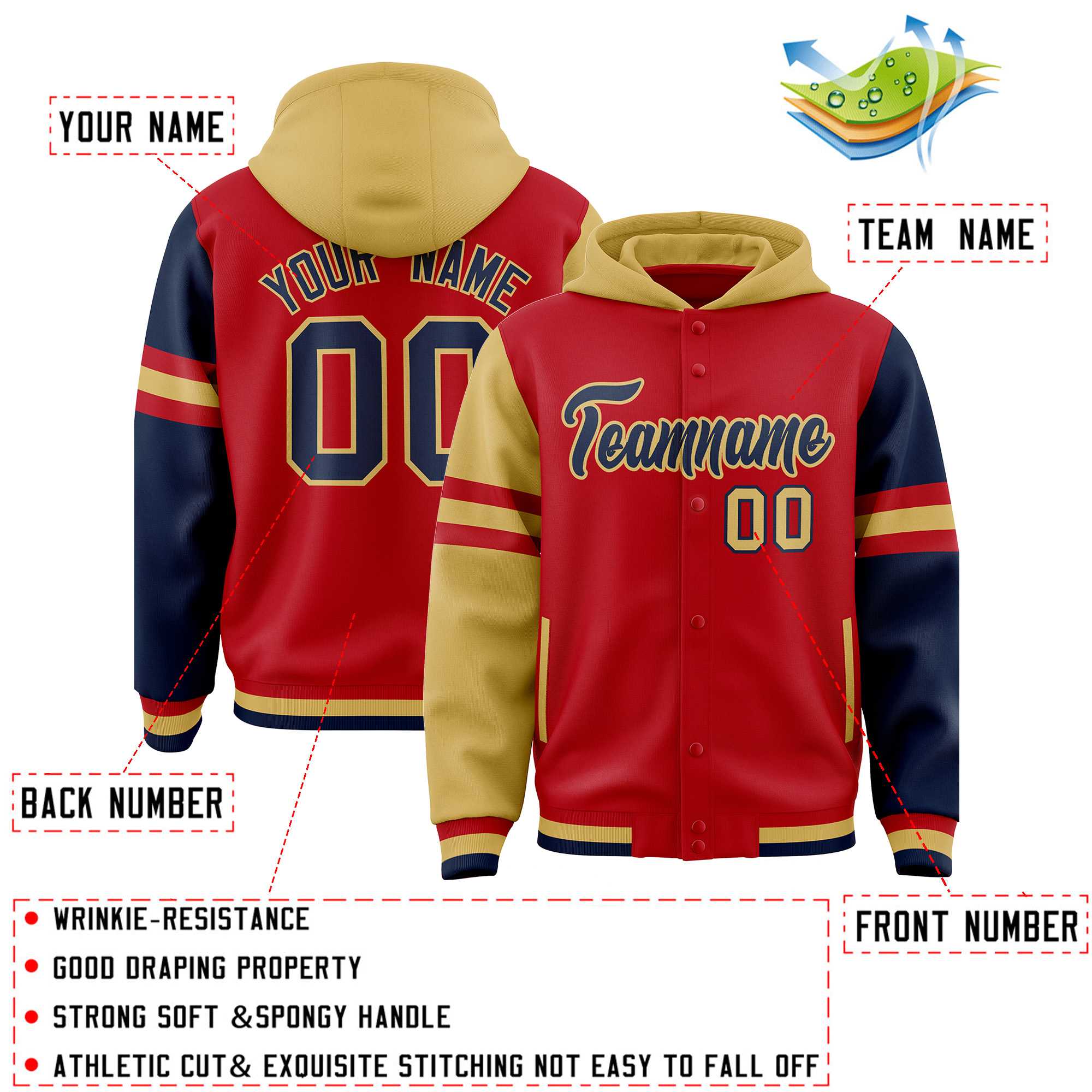 Custom Red Old Gold-Navy Raglan Sleeves Varsity Full-Snap Letterman Three Stripes Hoodie Jacket