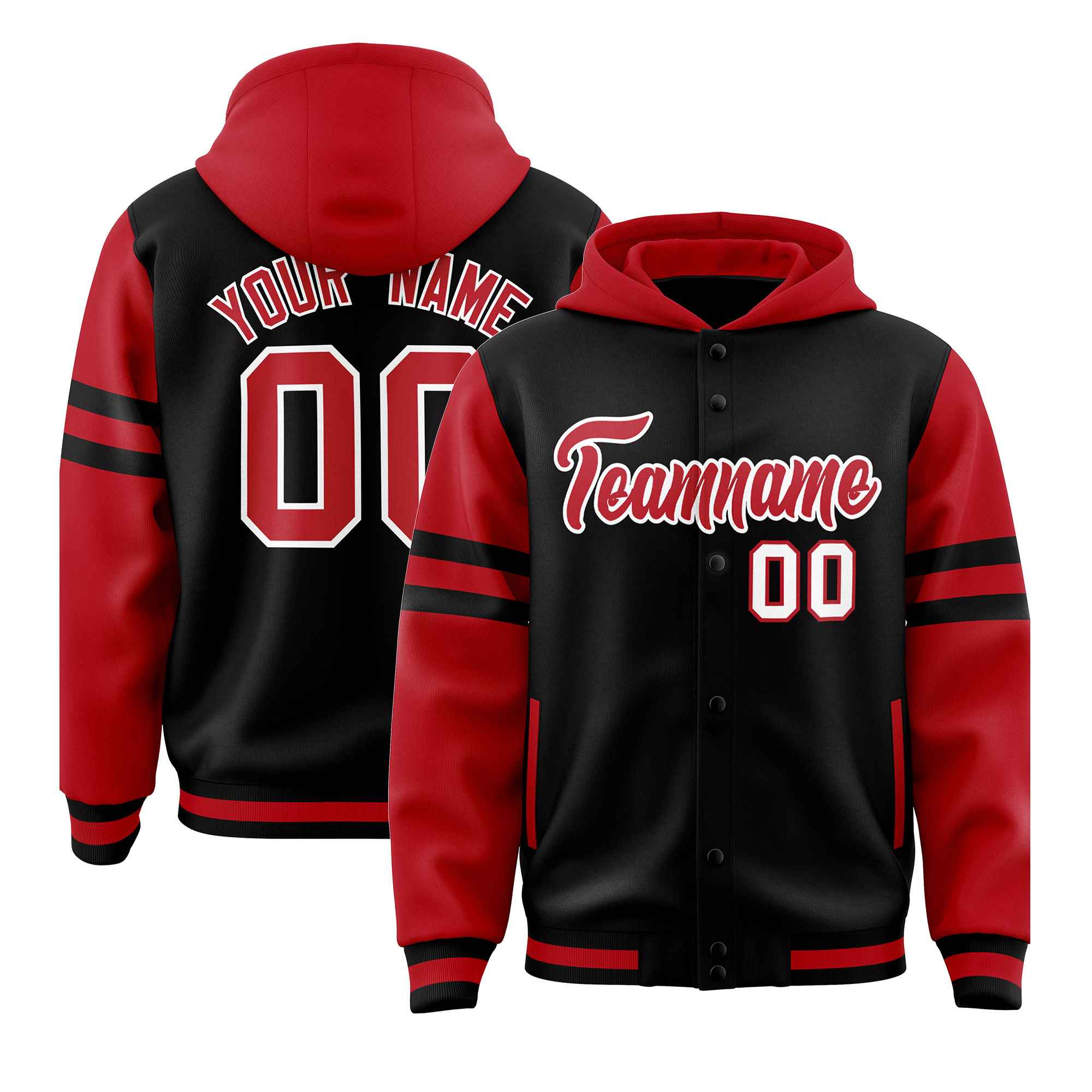 Custom Black Red Raglan Sleeves Varsity Full-Snap Letterman Three Stripes Hoodie Jacket