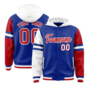 Custom Royal White-Red Raglan Sleeves Varsity Full-Snap Letterman Three Stripes Hoodie Jacket