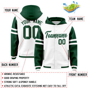 Custom White Green Raglan Sleeves Varsity Full-Snap Letterman Three Stripes Hoodie Jacket