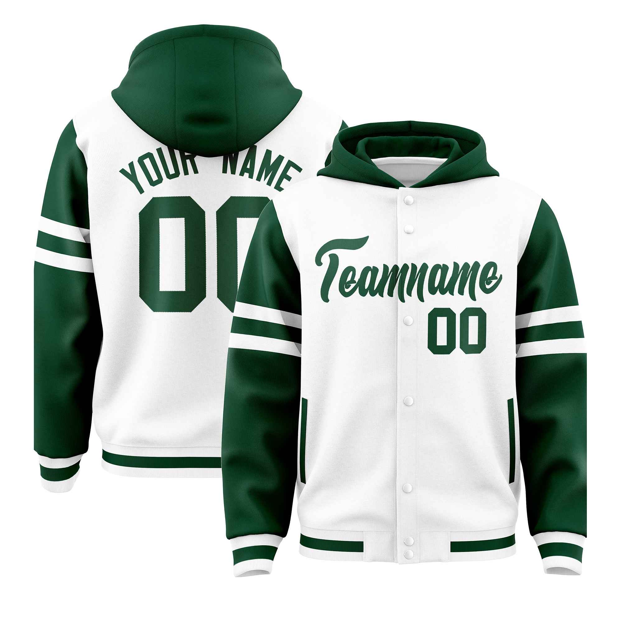 Custom White Green Raglan Sleeves Varsity Full-Snap Letterman Three Stripes Hoodie Jacket