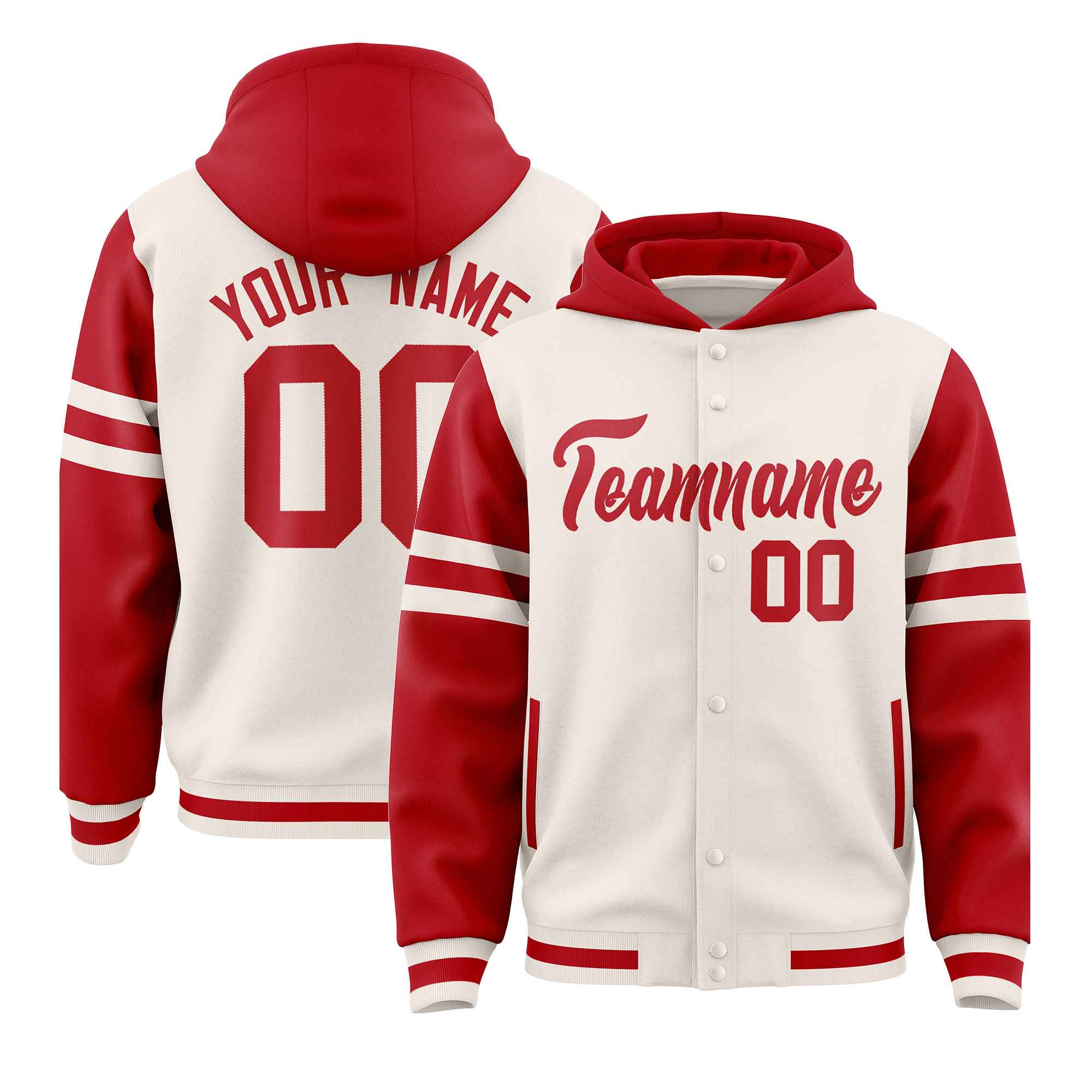 Custom Cream Red Raglan Sleeves Varsity Full-Snap Letterman Three Stripes Hoodie Jacket