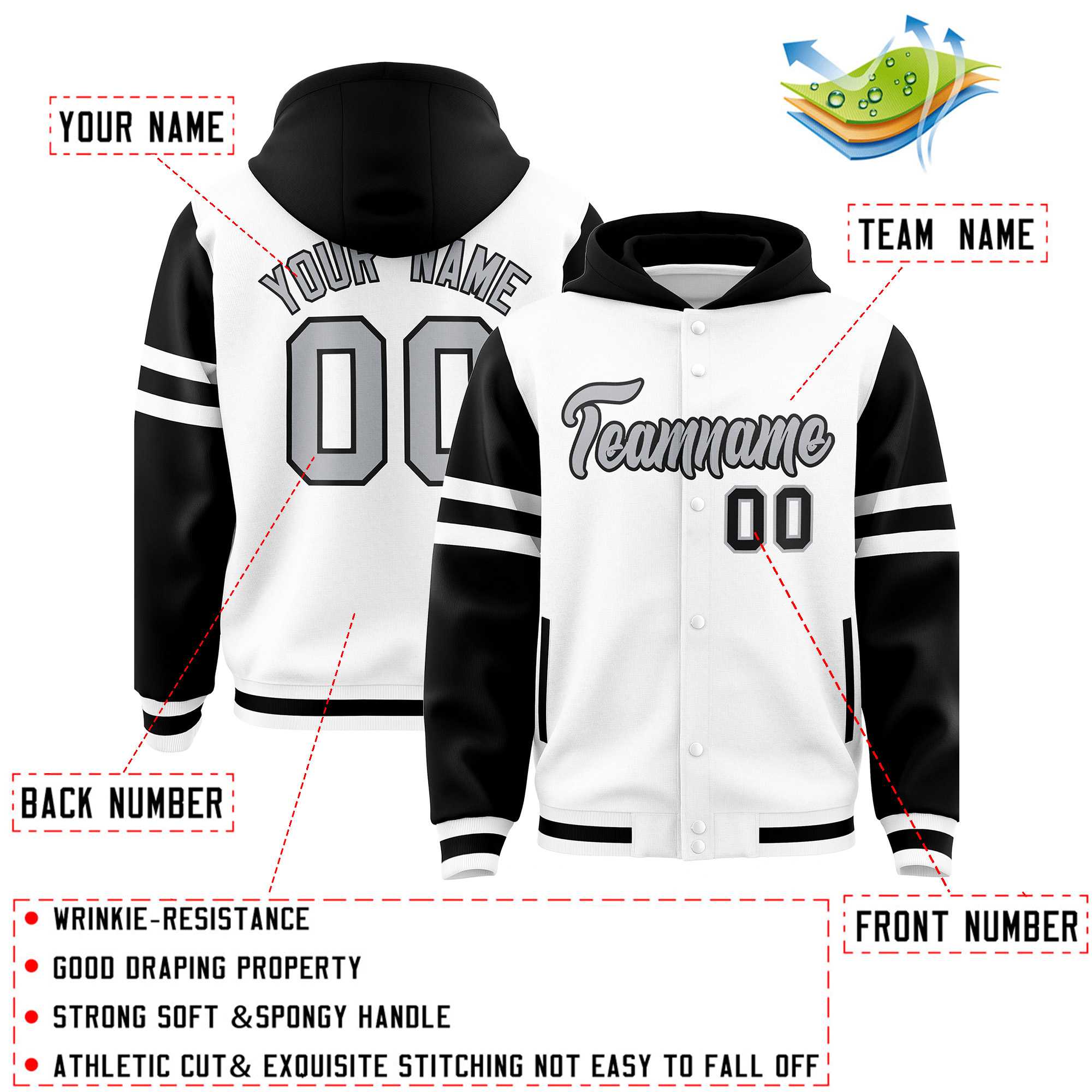 Custom White Black Raglan Sleeves Varsity Full-Snap Letterman Three Stripes Hoodie Jacket