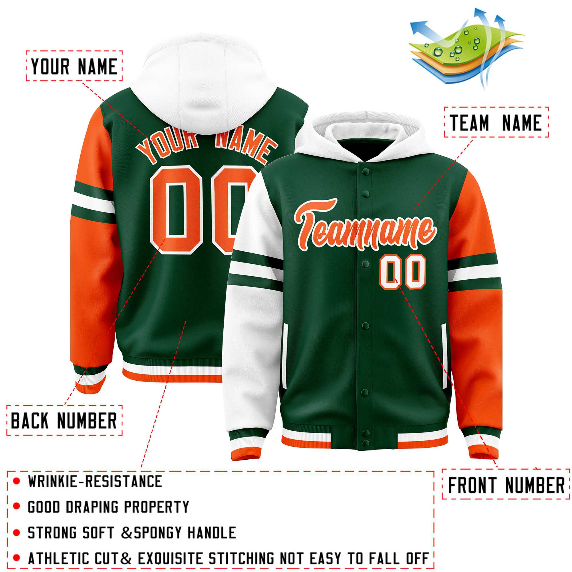 Custom Green White-Orange Raglan Sleeves Varsity Full-Snap Letterman Three Stripes Hoodie Jacket