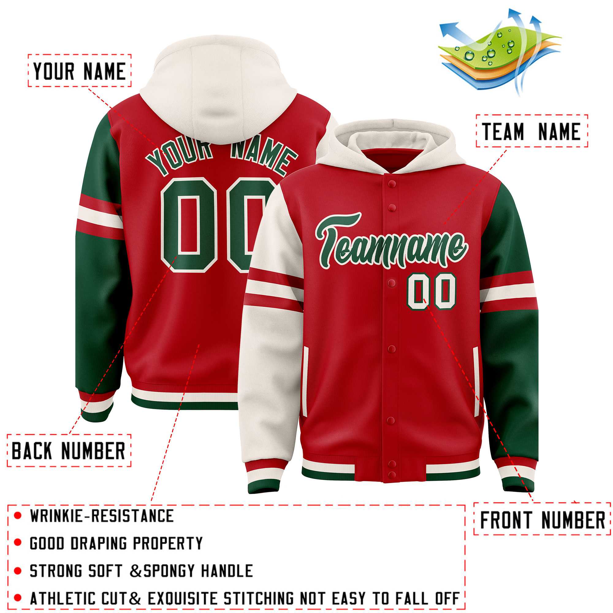 Custom Red Cream-Green Raglan Sleeves Varsity Full-Snap Letterman Three Stripes Hoodie Jacket