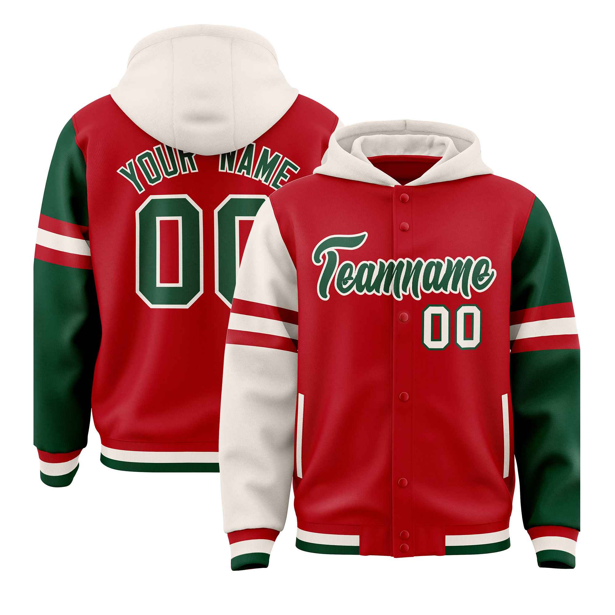 Custom Red Cream-Green Raglan Sleeves Varsity Full-Snap Letterman Three Stripes Hoodie Jacket