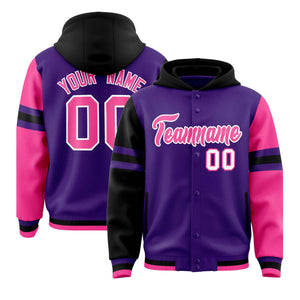 Custom Purple Black-Pink Raglan Sleeves Varsity Full-Snap Letterman Three Stripes Hoodie Jacket