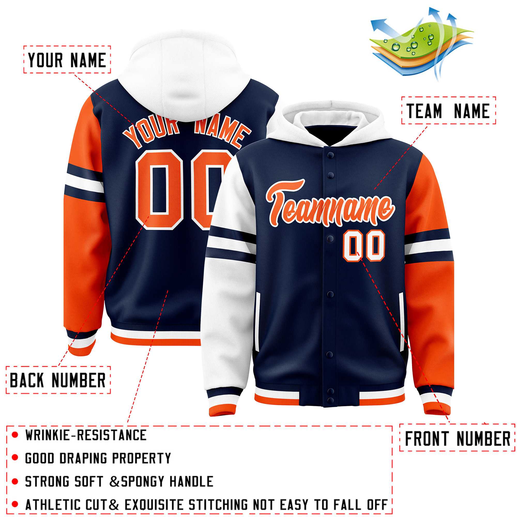 Custom Navy White-Orange Raglan Sleeves Varsity Full-Snap Letterman Three Stripes Hoodie Jacket