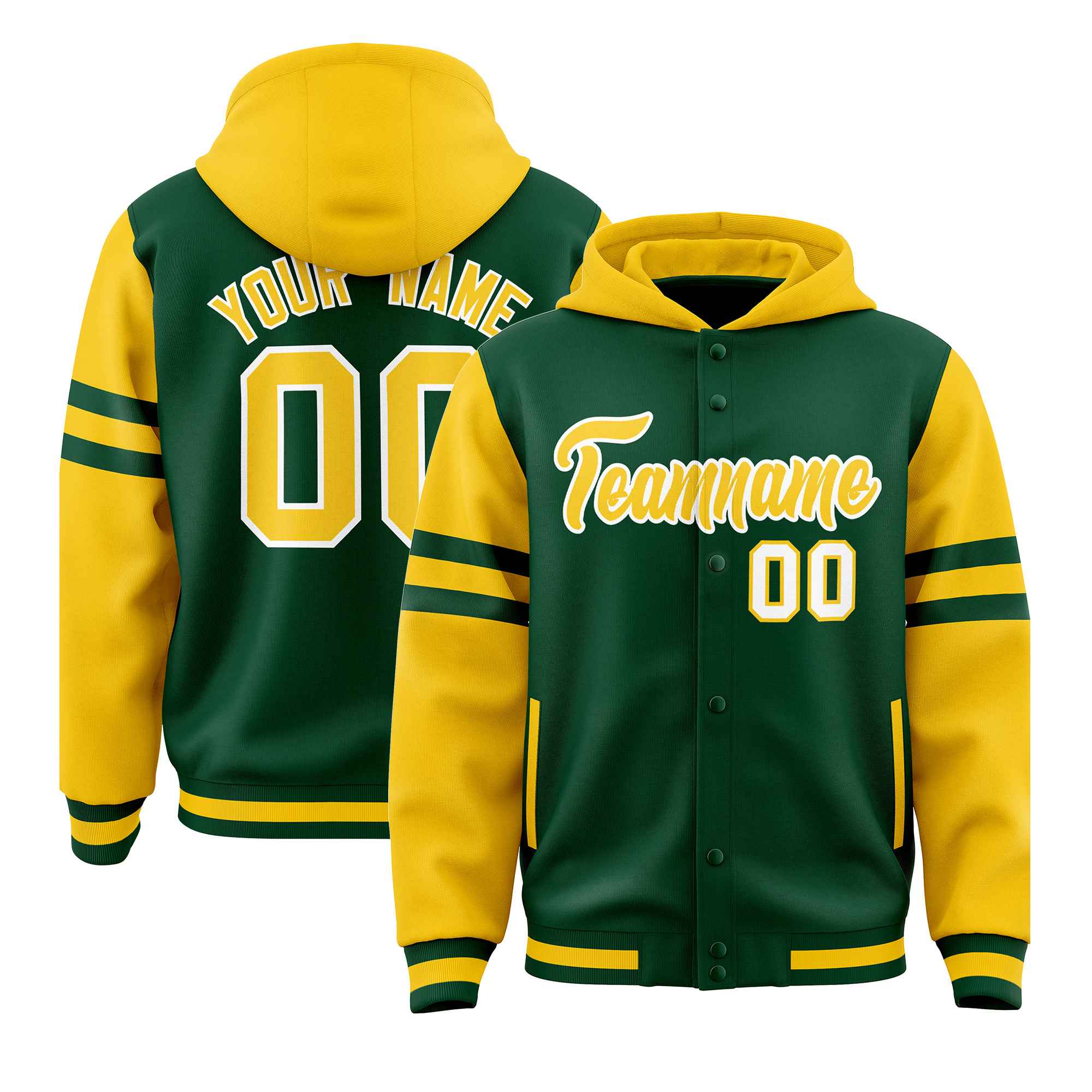 Custom Green Gold Raglan Sleeves Varsity Full-Snap Letterman Three Stripes Hoodie Jacket