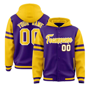 Custom Purple Gold Raglan Sleeves Varsity Full-Snap Letterman Three Stripes Hoodie Jacket