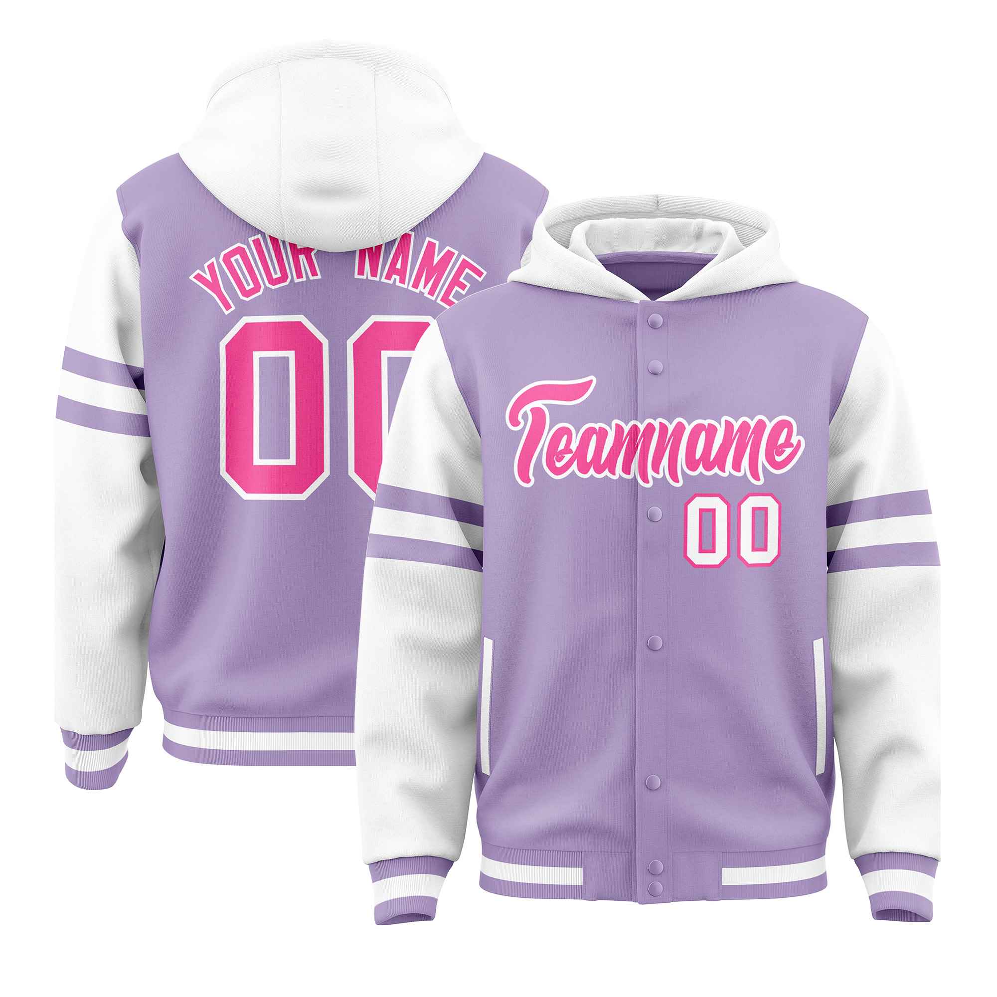 Custom Light Purple White Raglan Sleeves Varsity Full-Snap Letterman Three Stripes Hoodie Jacket