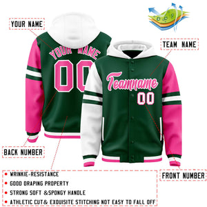 Custom Green White-Pink Raglan Sleeves Varsity Full-Snap Letterman Three Stripes Hoodie Jacket