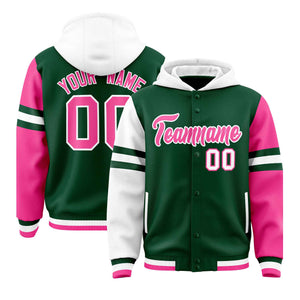 Custom Green White-Pink Raglan Sleeves Varsity Full-Snap Letterman Three Stripes Hoodie Jacket