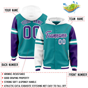 Custom Aqua White-Purple Raglan Sleeves Varsity Full-Snap Letterman Three Stripes Hoodie Jacket