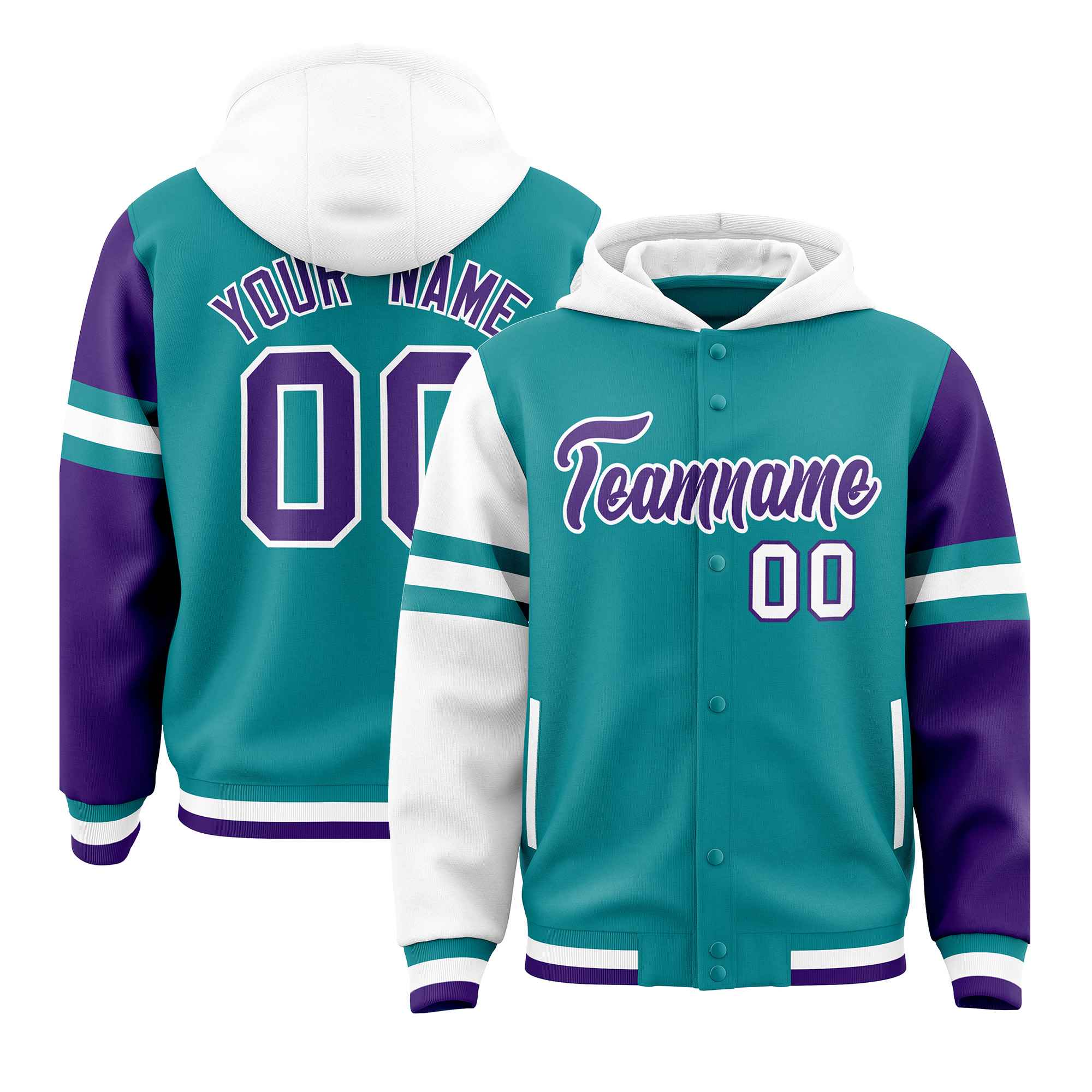 Custom Aqua White-Purple Raglan Sleeves Varsity Full-Snap Letterman Three Stripes Hoodie Jacket