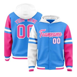 Custom Powder Blue White-Pink Raglan Sleeves Varsity Full-Snap Letterman Three Stripes Hoodie Jacket