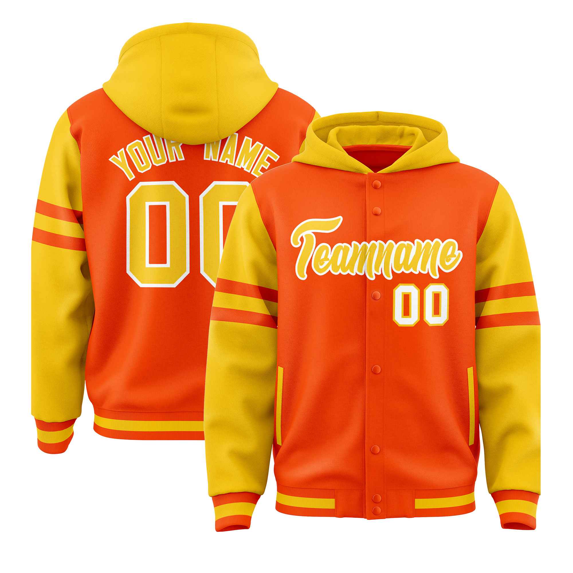 Custom Orange Gold Raglan Sleeves Varsity Full-Snap Letterman Three Stripes Hoodie Jacket