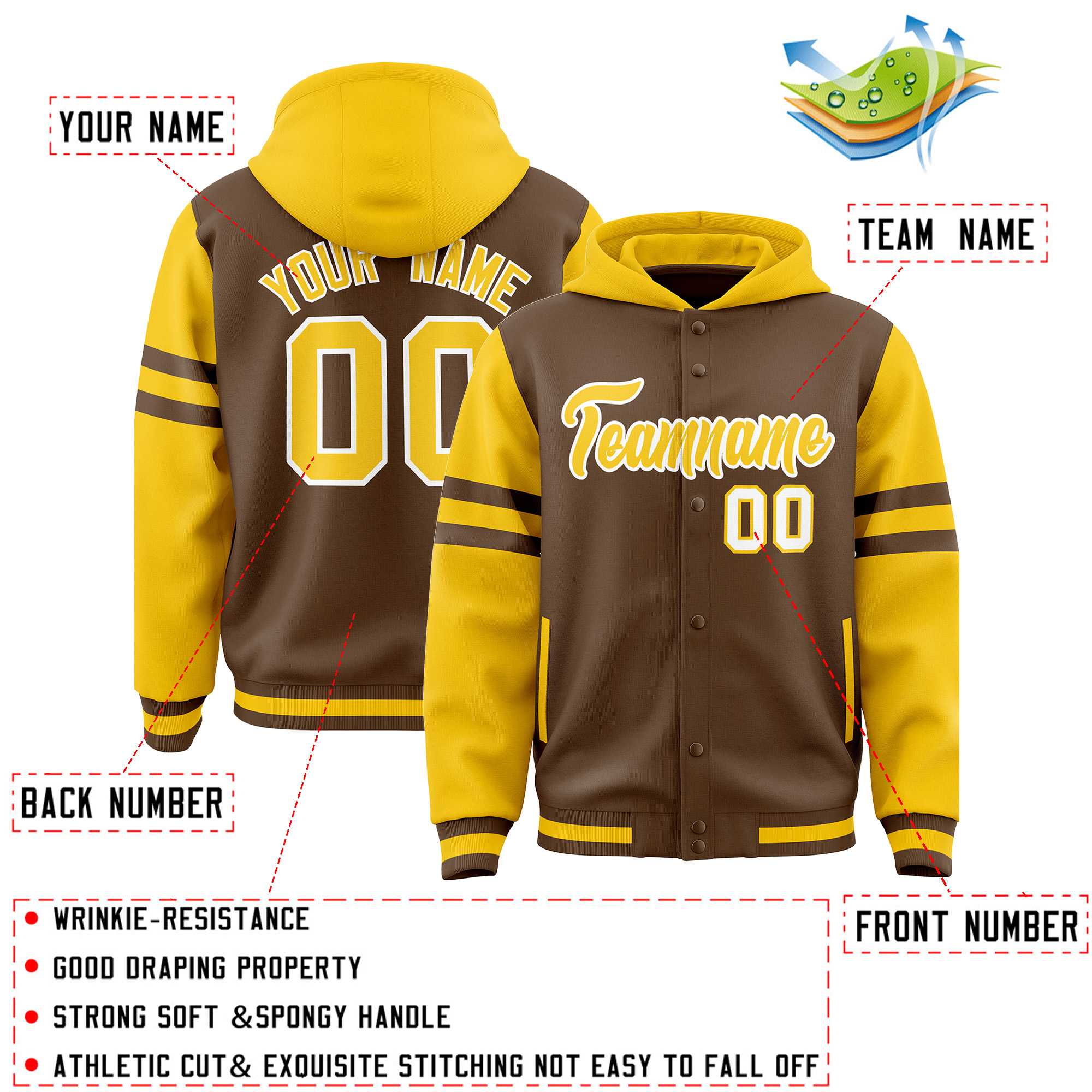 Custom Light Brown Gold Raglan Sleeves Varsity Full-Snap Letterman Three Stripes Hoodie Jacket