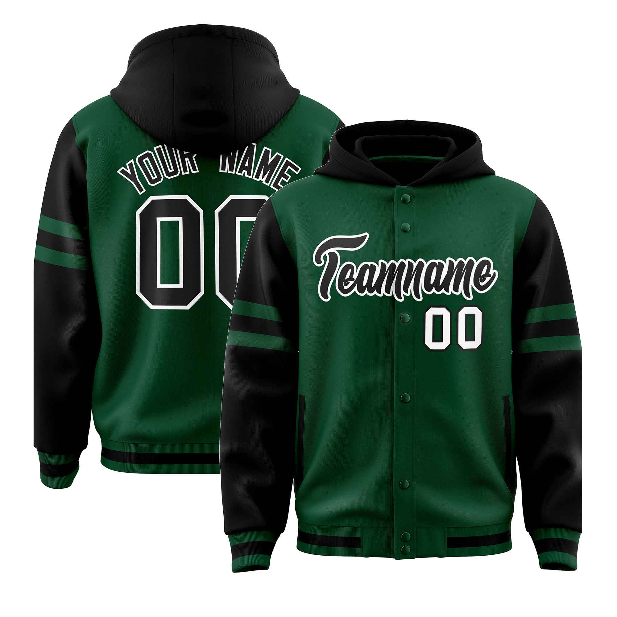 Custom Green Black Raglan Sleeves Varsity Full-Snap Letterman Three Stripes Hoodie Jacket