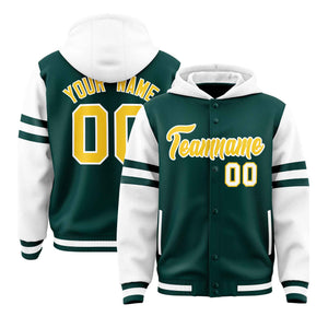 Custom Midnight Green White Raglan Sleeves Varsity Full-Snap Letterman Three Stripes Hoodie Jacket