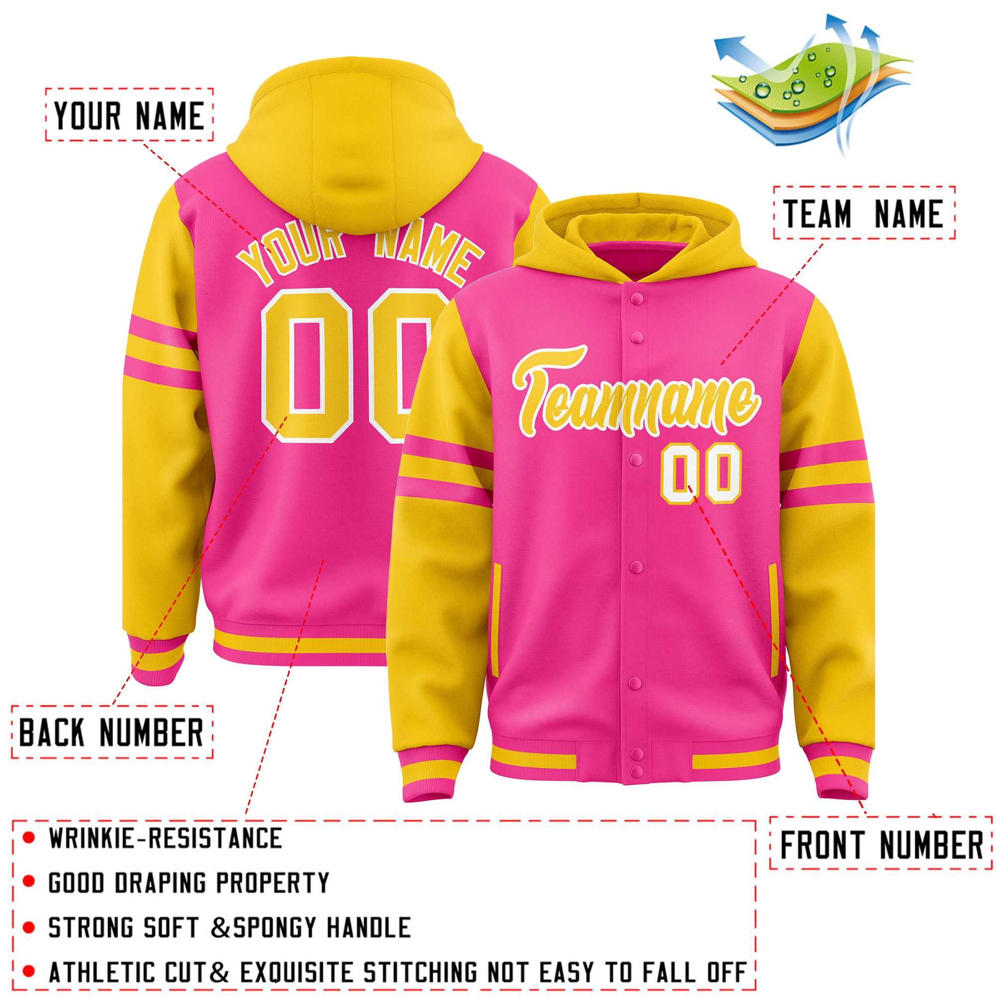 Custom Pink Gold Raglan Sleeves Varsity Full-Snap Letterman Three Stripes Hoodie Jacket