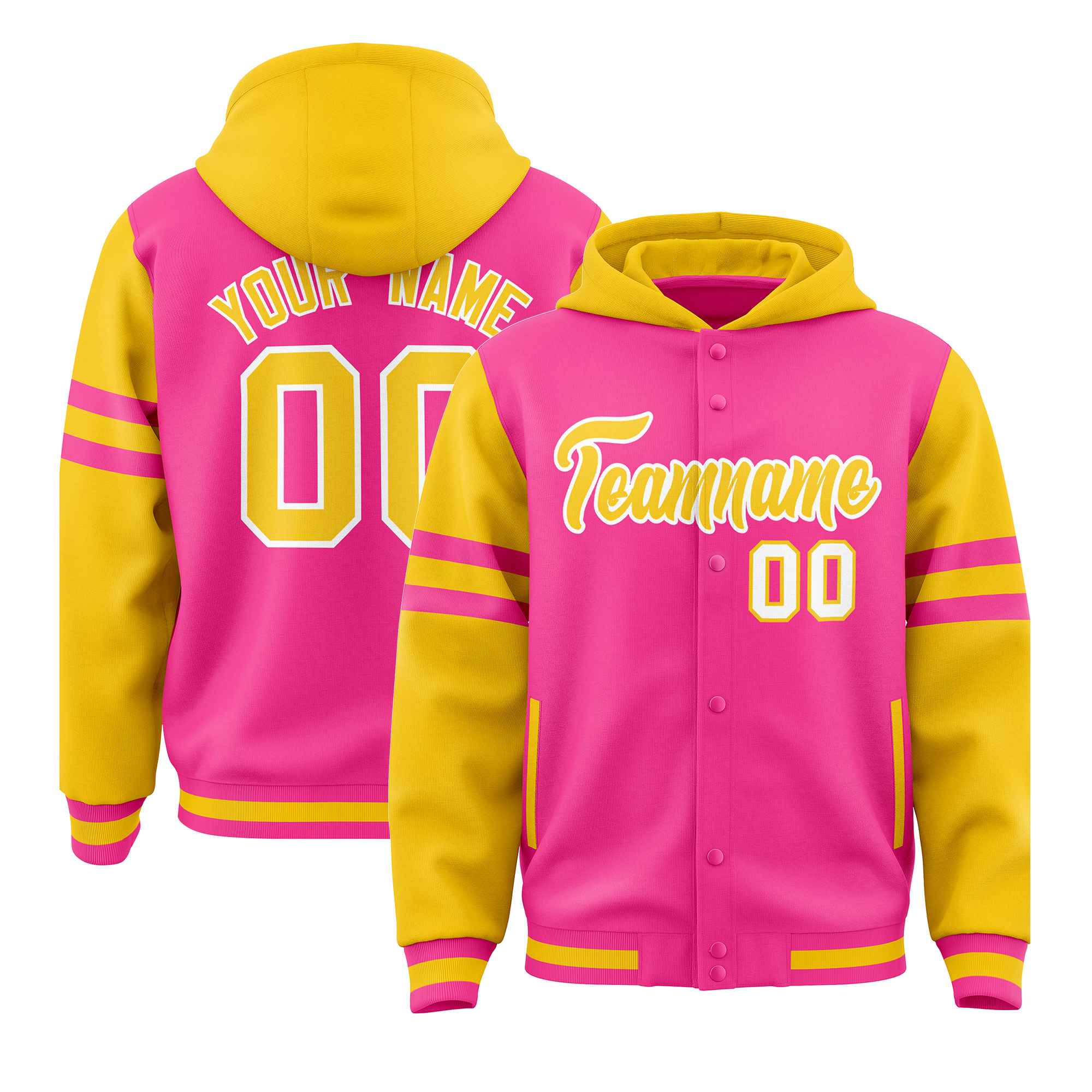 Custom Pink Gold Raglan Sleeves Varsity Full-Snap Letterman Three Stripes Hoodie Jacket