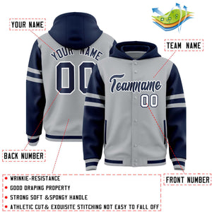 Custom Silver Navy Raglan Sleeves Varsity Full-Snap Letterman Three Stripes Hoodie Jacket