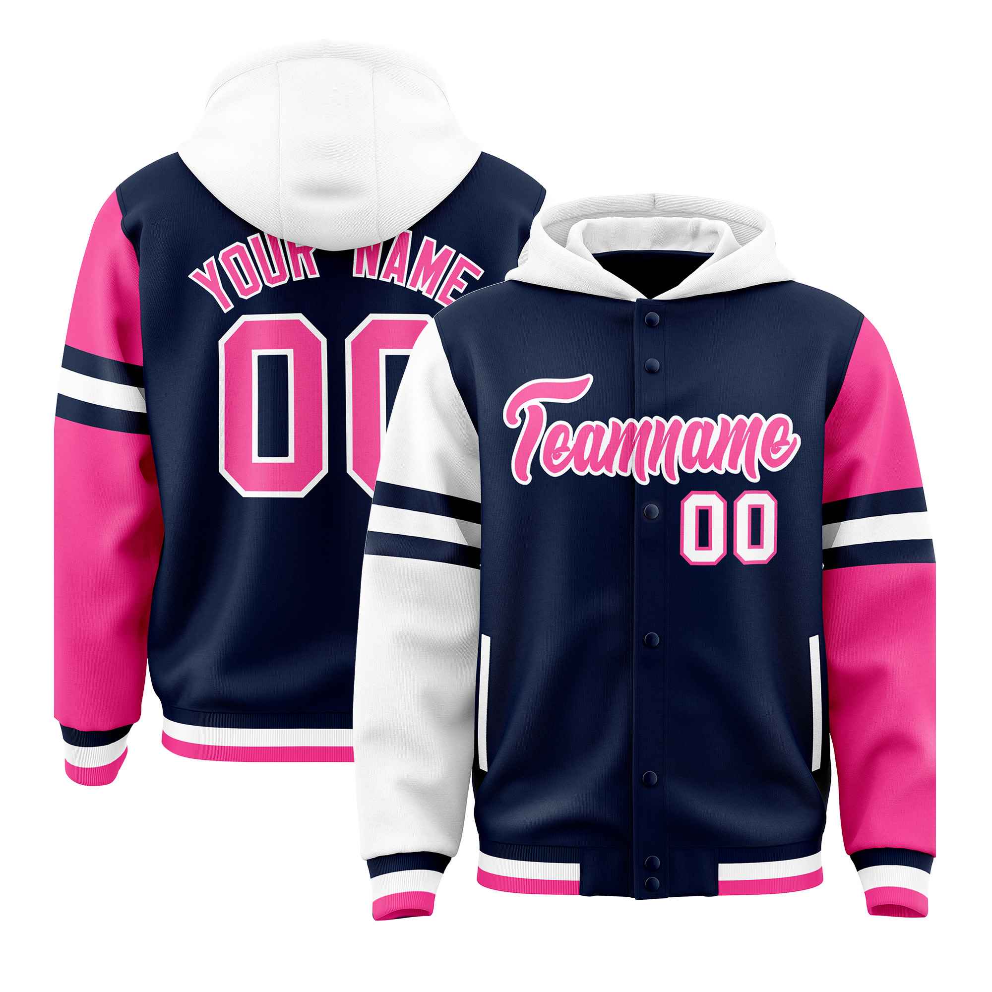 Custom Navy White-Pink Raglan Sleeves Varsity Full-Snap Letterman Three Stripes Hoodie Jacket