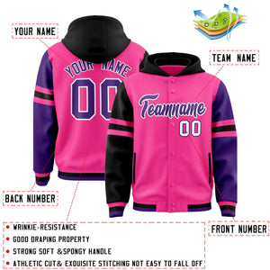 Custom Pink Black-Purple Raglan Sleeves Varsity Full-Snap Letterman Three Stripes Hoodie Jacket