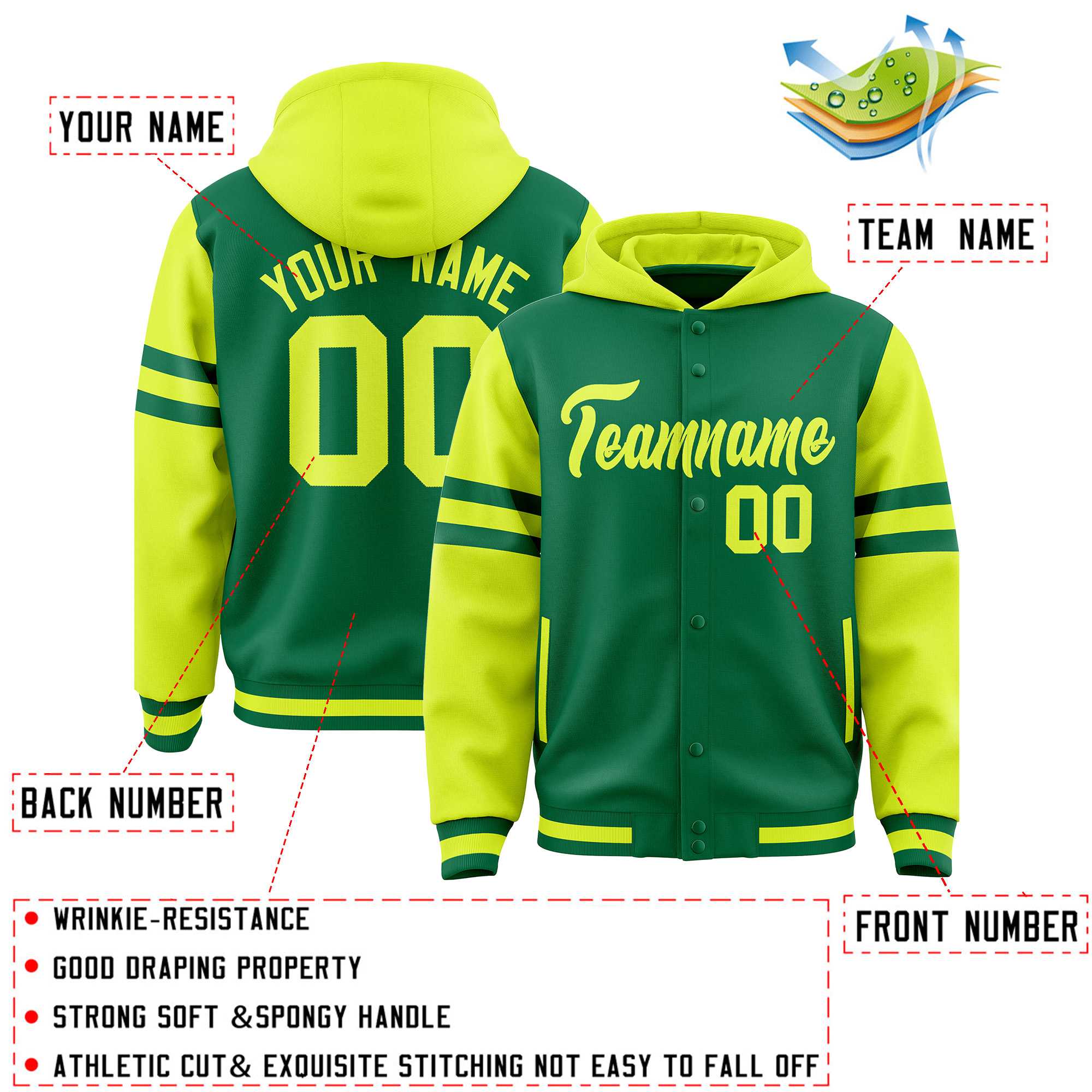 Custom Kelly Green Fluorescent Green Raglan Sleeves Varsity Full-Snap Letterman Three Stripes Hoodie Jacket