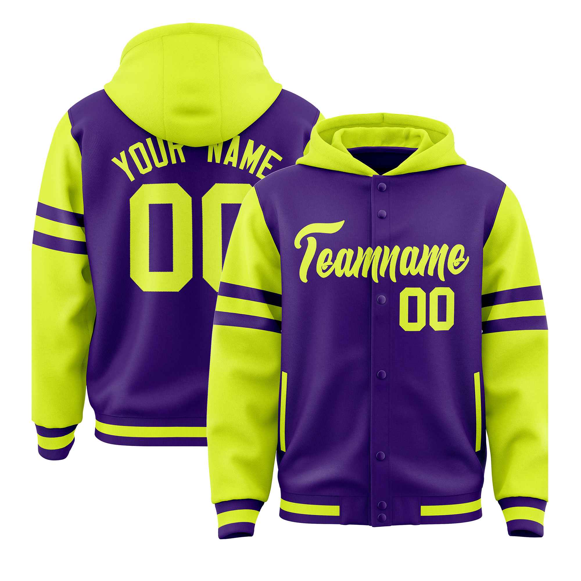 Custom Purple Fluorescent Green Raglan Sleeves Varsity Full-Snap Letterman Three Stripes Hoodie Jacket