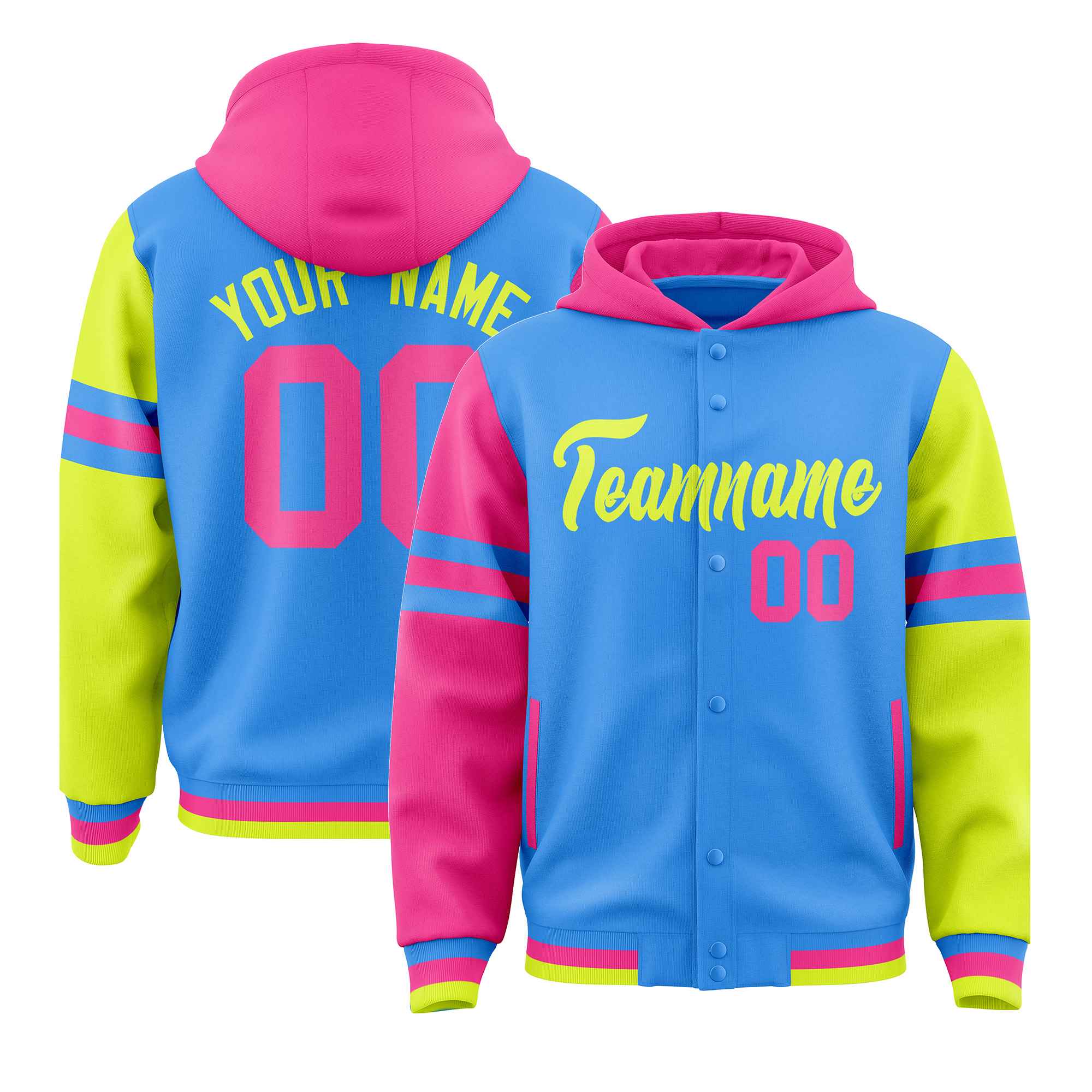 Custom Powder Blue Pink-Fluorescent Green Raglan Sleeves Varsity Full-Snap Letterman Three Stripes Hoodie Jacket