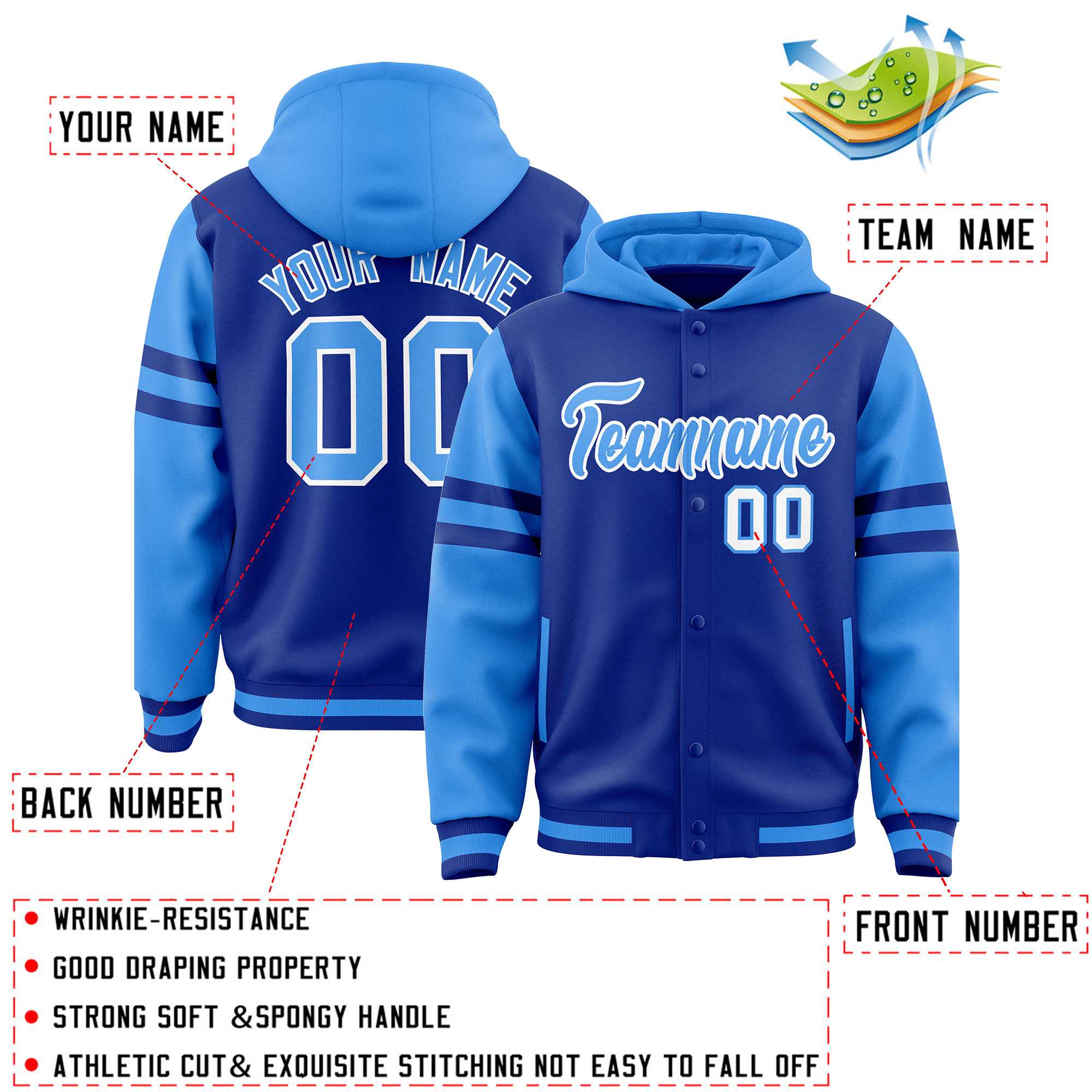 Custom Royal Powder Blue Raglan Sleeves Varsity Full-Snap Letterman Three Stripes Hoodie Jacket