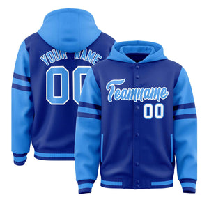 Custom Royal Powder Blue Raglan Sleeves Varsity Full-Snap Letterman Three Stripes Hoodie Jacket