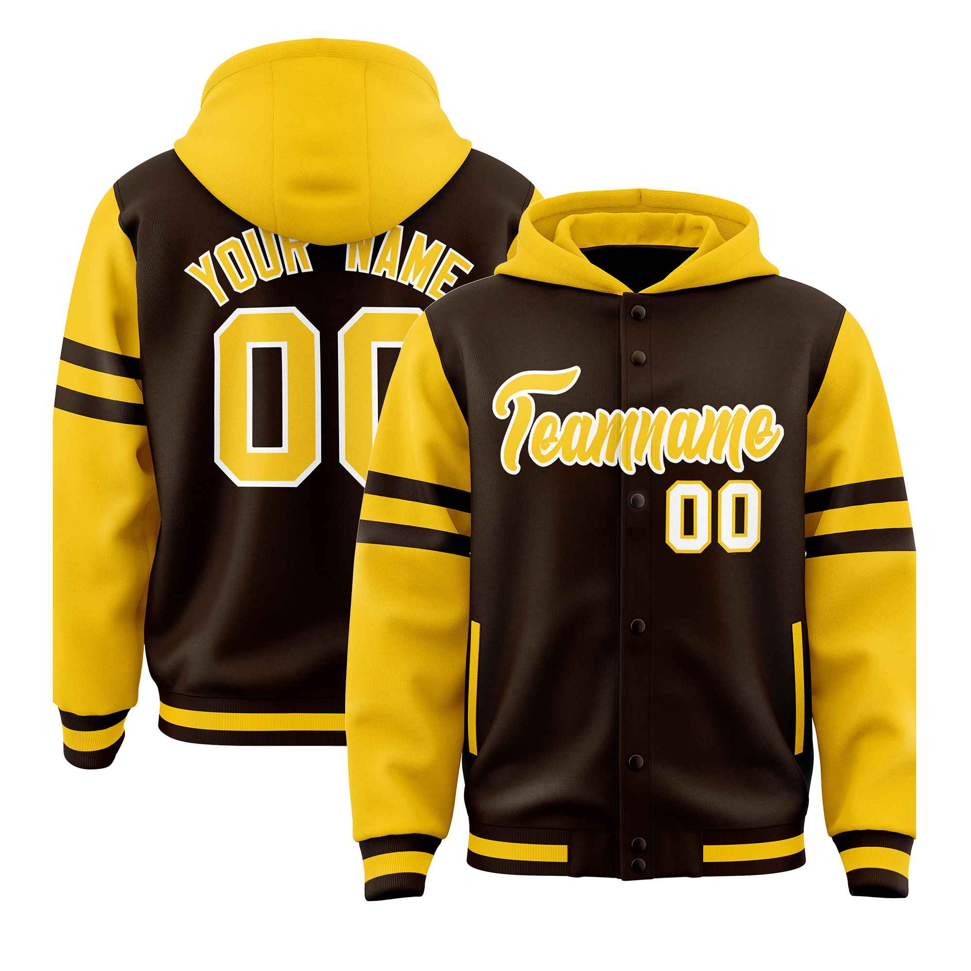 Custom Brown Gold Raglan Sleeves Varsity Full-Snap Letterman Three Stripes Hoodie Jacket