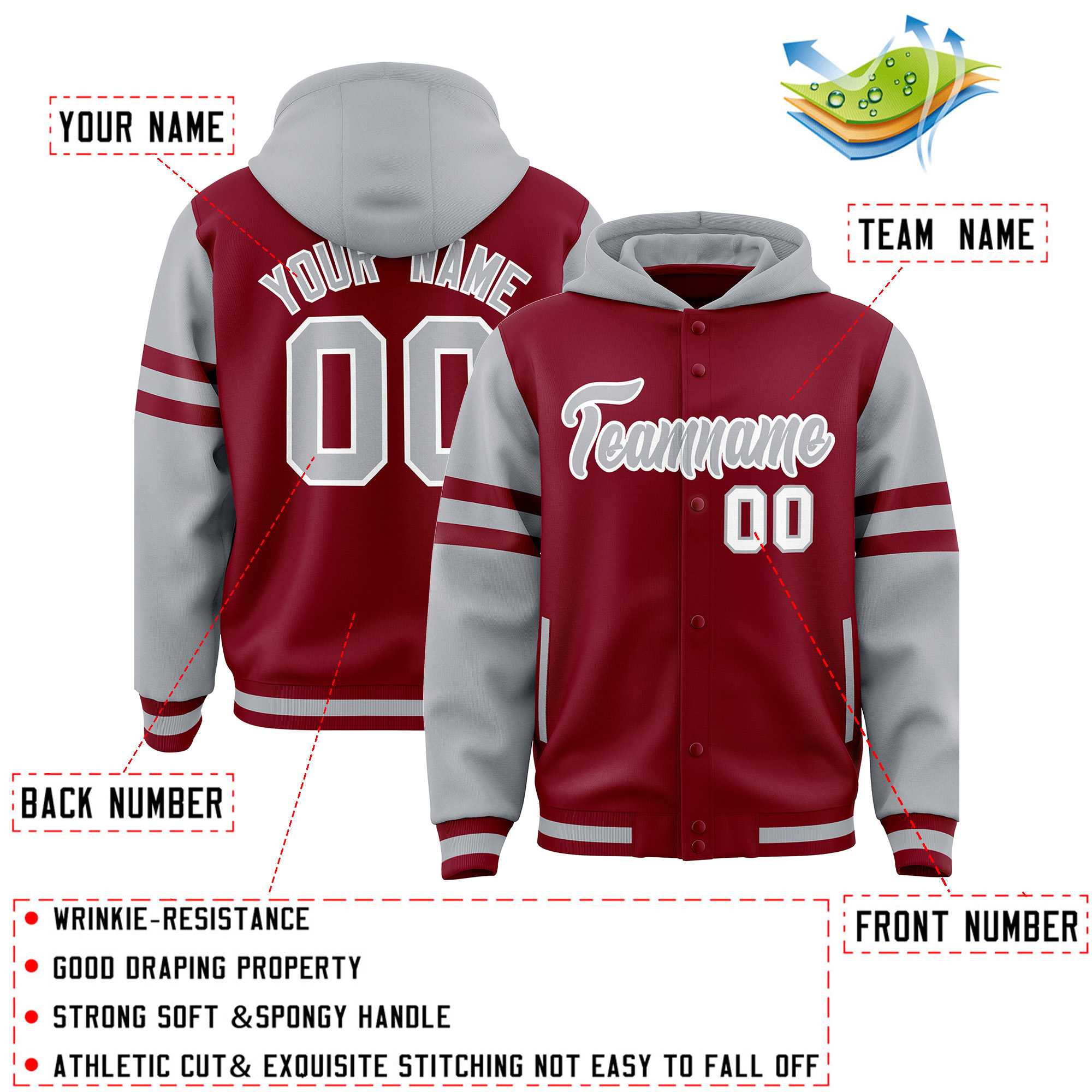 Custom Crimson Silver Raglan Sleeves Varsity Full-Snap Letterman Three Stripes Hoodie Jacket