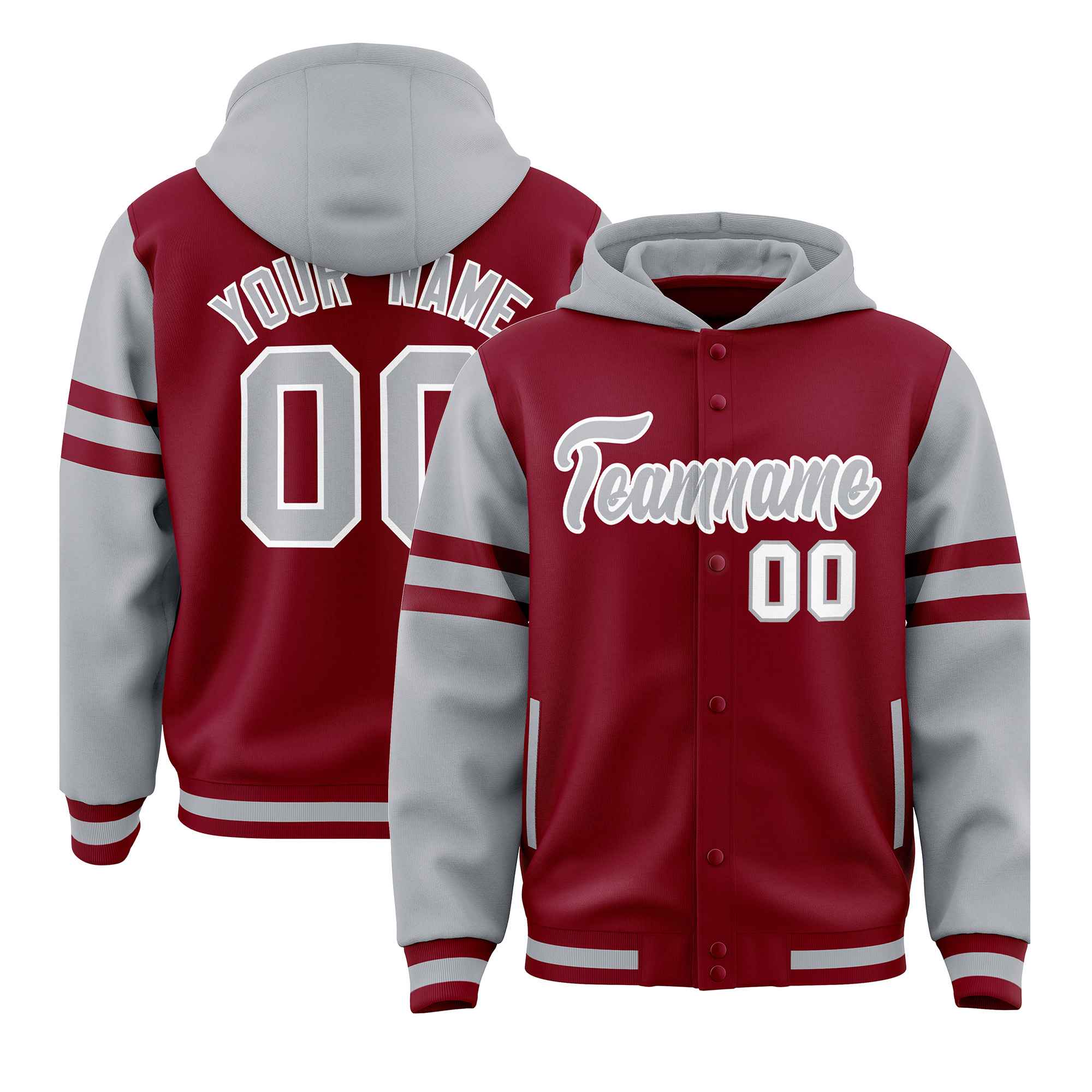 Custom Crimson Silver Raglan Sleeves Varsity Full-Snap Letterman Three Stripes Hoodie Jacket