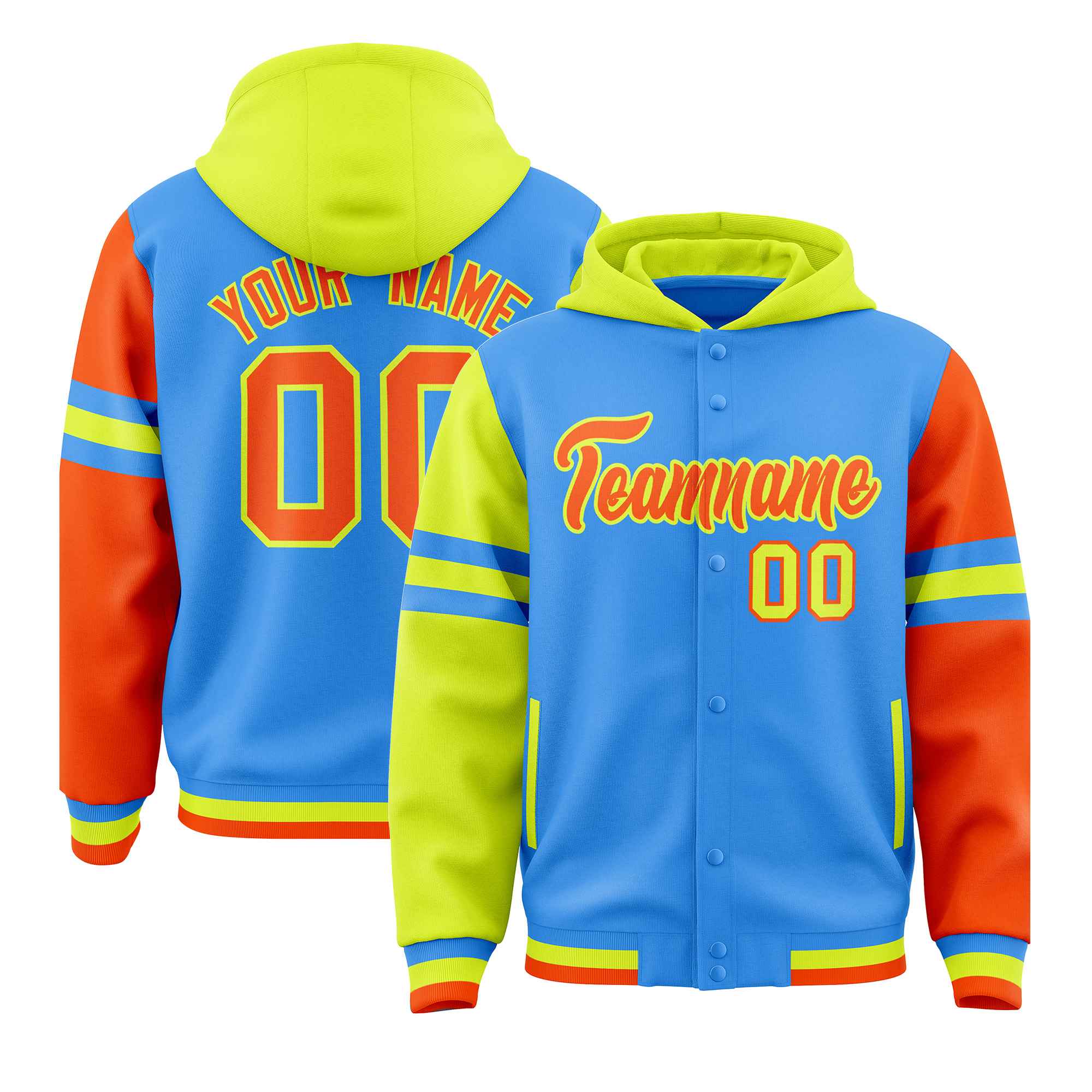 Custom Powder Blue Fluorescent Green-Orange Raglan Sleeves Varsity Full-Snap Letterman Three Stripes Hoodie Jacket