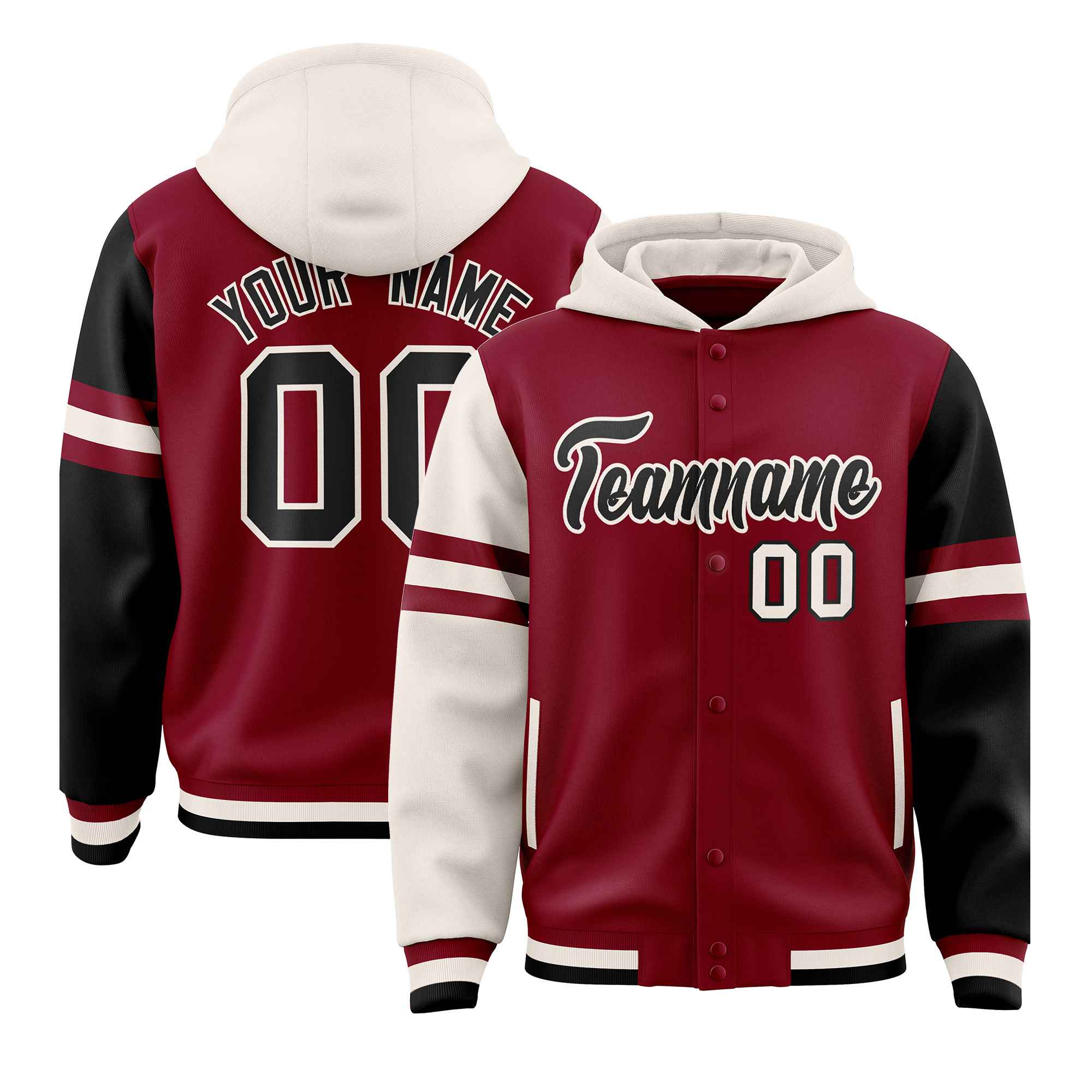 Custom Crimson Cream-Black Raglan Sleeves Varsity Full-Snap Letterman Three Stripes Hoodie Jacket