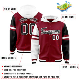 Custom Crimson White-Black Raglan Sleeves Varsity Full-Snap Letterman Three Stripes Hoodie Jacket