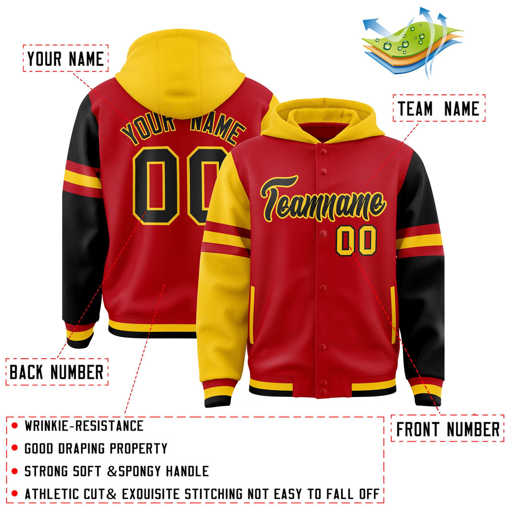 Custom Red Gold-Black Raglan Sleeves Varsity Full-Snap Letterman Three Stripes Hoodie Jacket