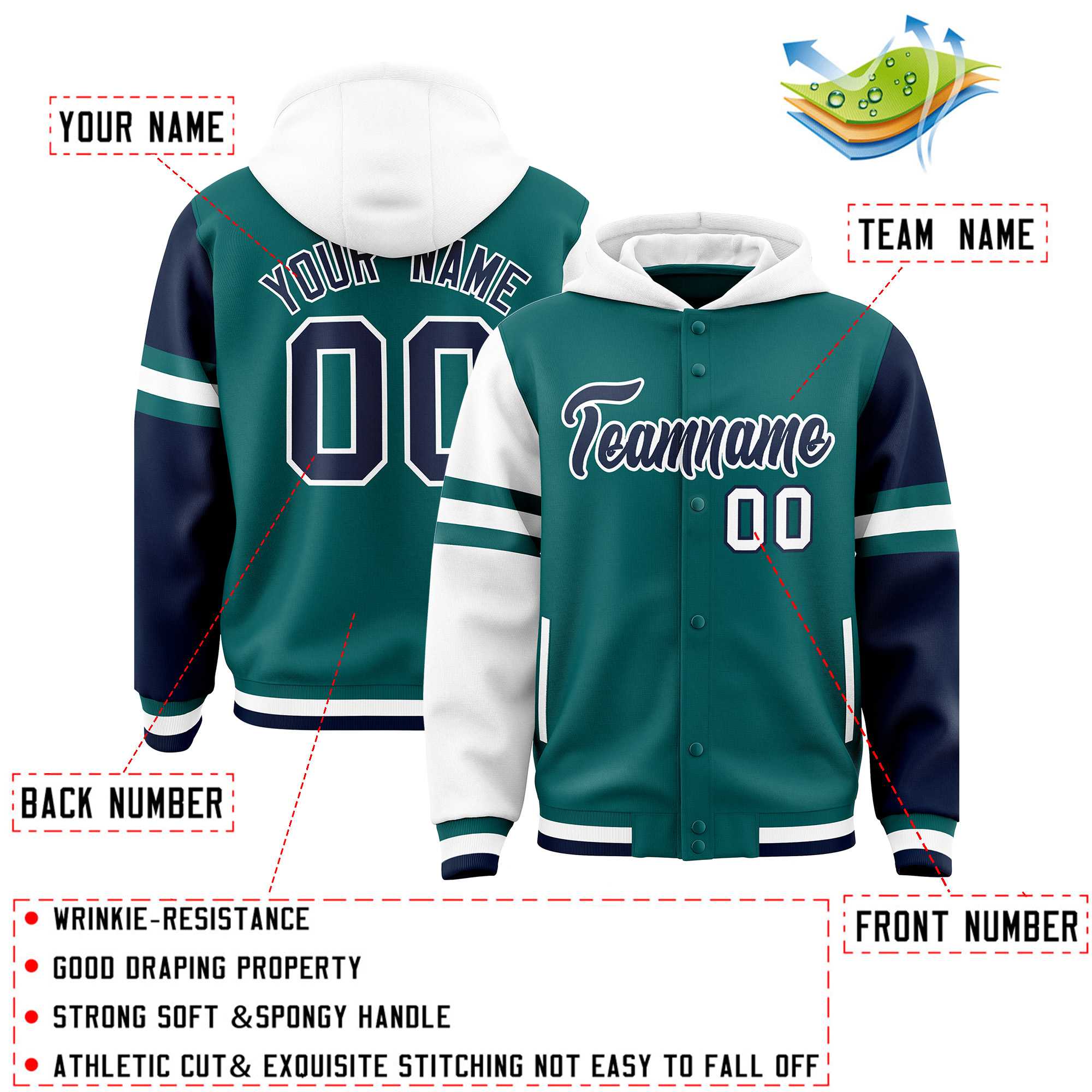 Custom Aqua White-Navy Raglan Sleeves Varsity Full-Snap Letterman Three Stripes Hoodie Jacket