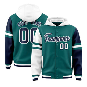 Custom Aqua White-Navy Raglan Sleeves Varsity Full-Snap Letterman Three Stripes Hoodie Jacket