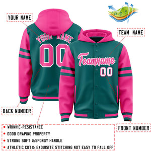 Custom Aqua Pink Raglan Sleeves Varsity Full-Snap Letterman Three Stripes Hoodie Jacket