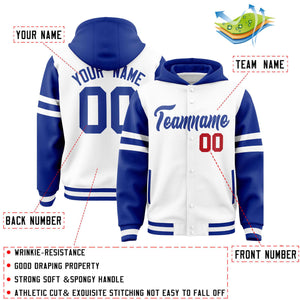 Custom White Royal Raglan Sleeves Varsity Full-Snap Letterman Three Stripes Hoodie Jacket