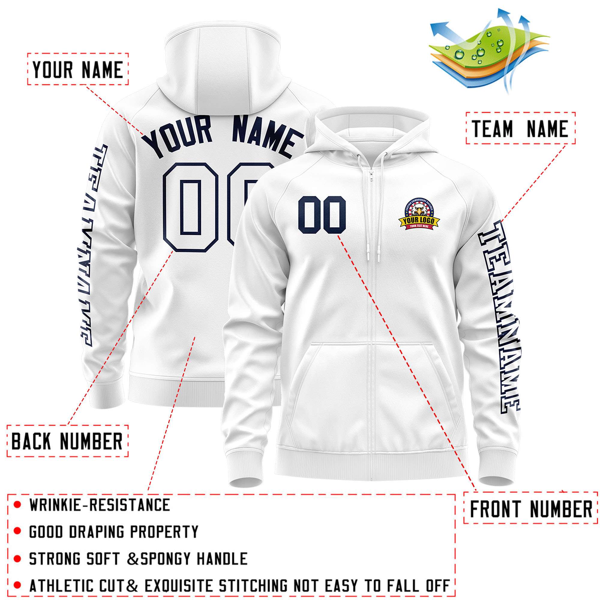 Custom White Navy Varsity Full-Zip Letterman Classic Hoodie Jacket