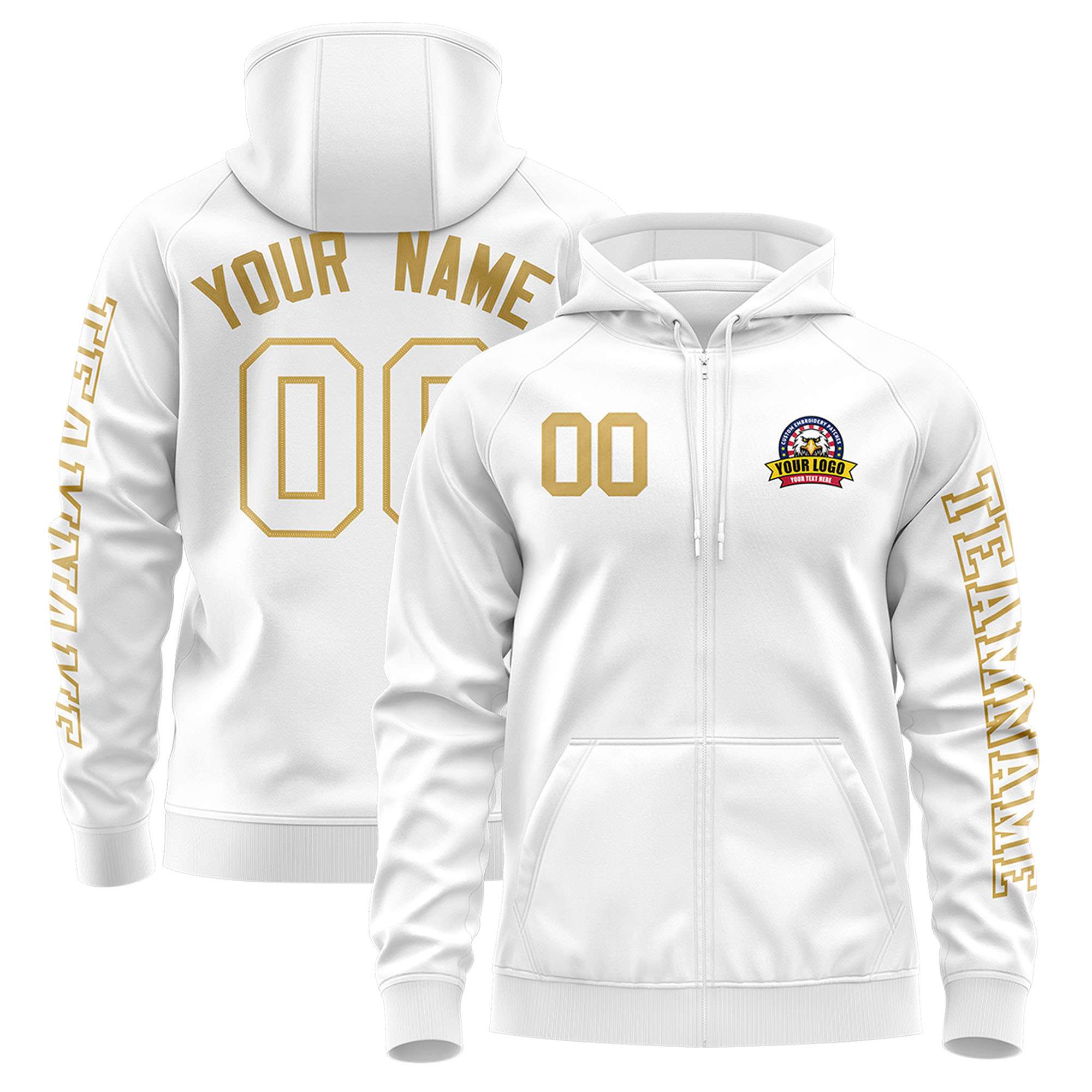 Custom White Old Gold Varsity Full-Zip Letterman Classic Hoodie Jacket