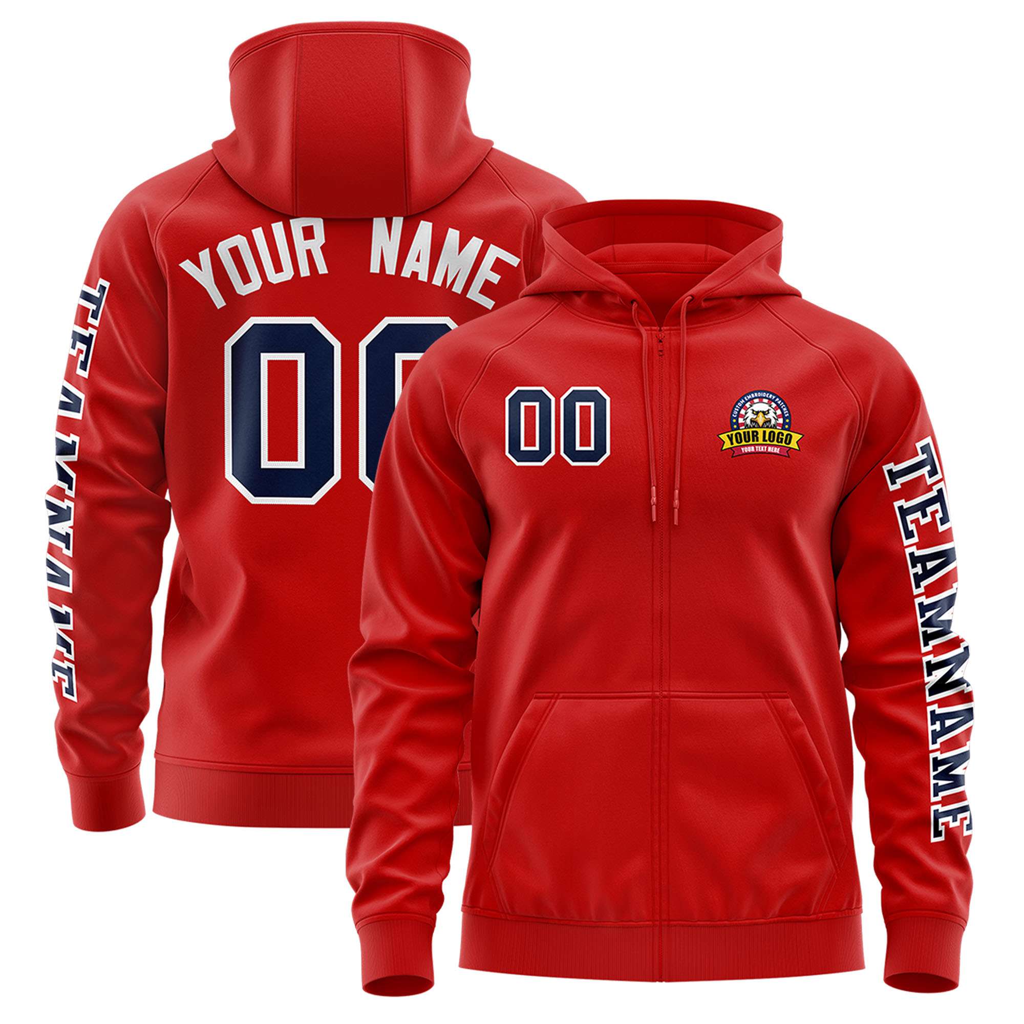 Custom Red Navy Varsity Full-Zip Letterman Classic Hoodie Jacket