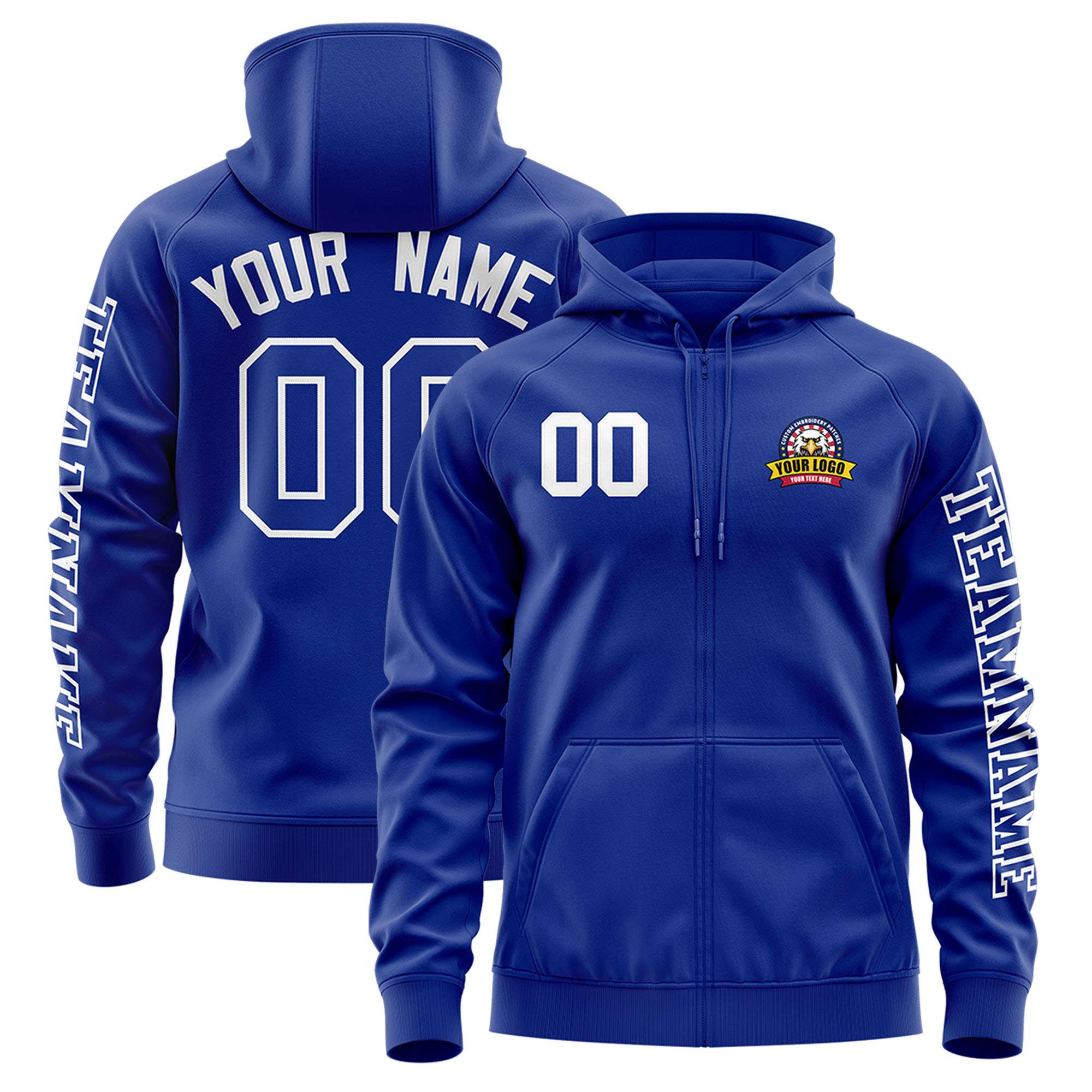 Custom Royal White Varsity Full-Zip Letterman Classic Hoodie Jacket